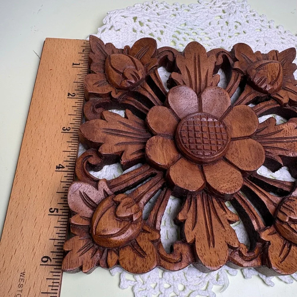 Wood Carved Flower Square Wooden Wall Plaque Boho Bali